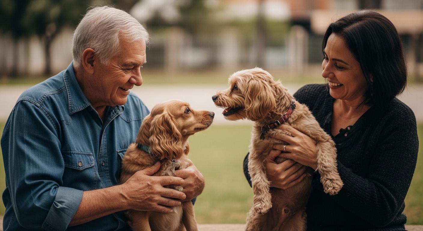 Elderly Brazilian man with his aging dog in a cozy home.