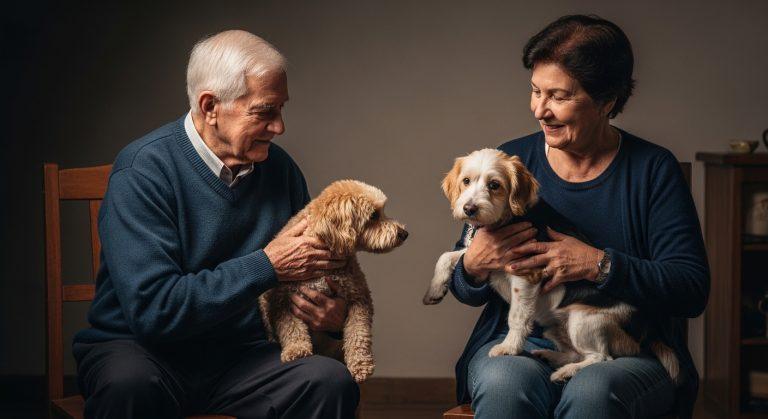 Elderly dog resting at home with family in a Brazilian household.