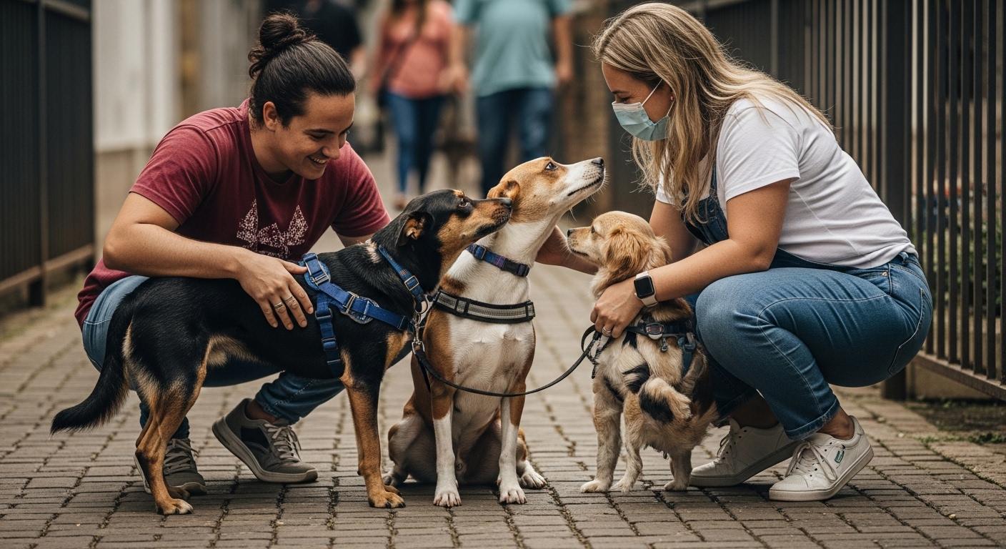 Dog and family in Brazil during flood relief efforts with volunteers