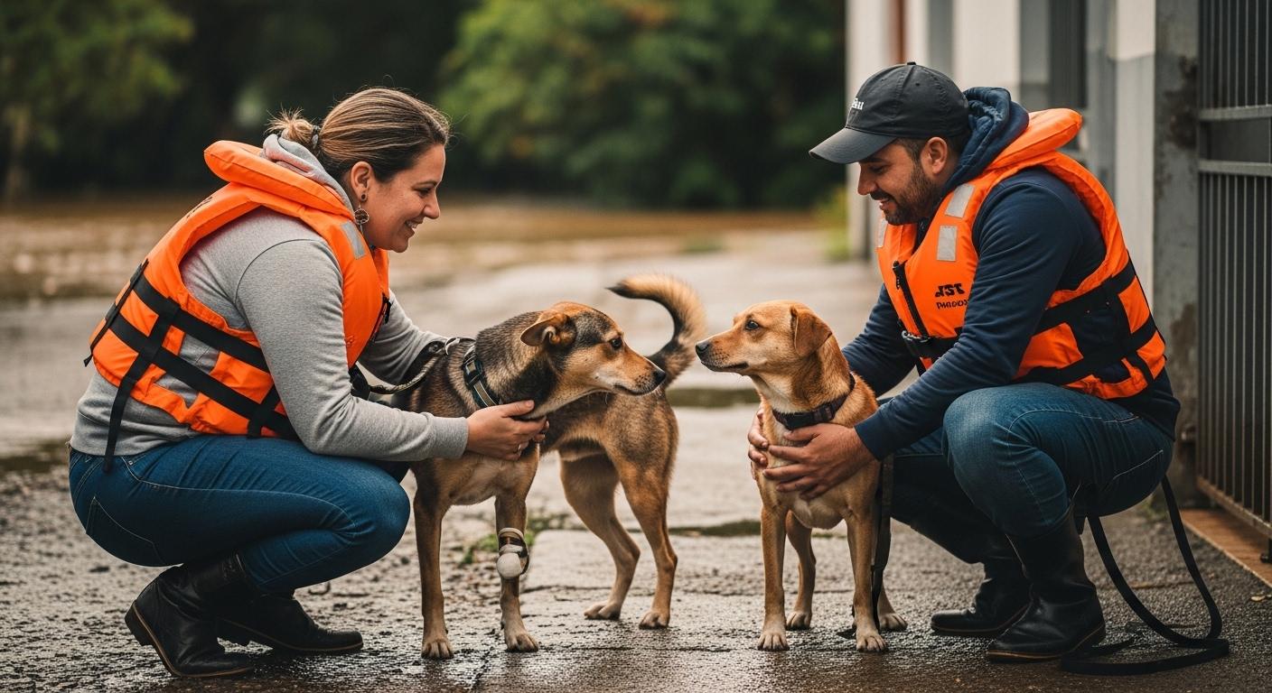 Rescuers with dogs and a calf after floods in Brazil.