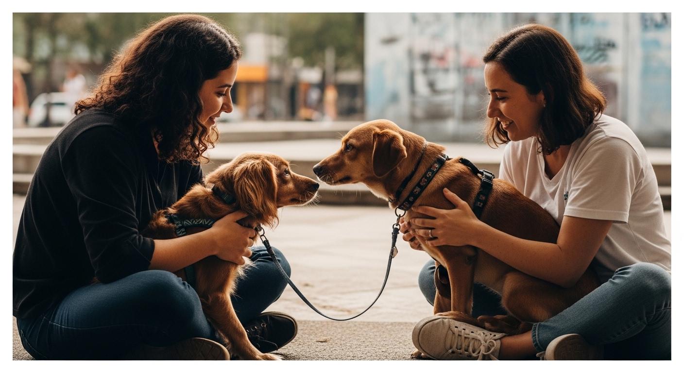 Brazilian family with their dog at home surrounded by pet products.