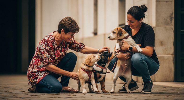 Brazilian family with their dog at home surrounded by pet products.