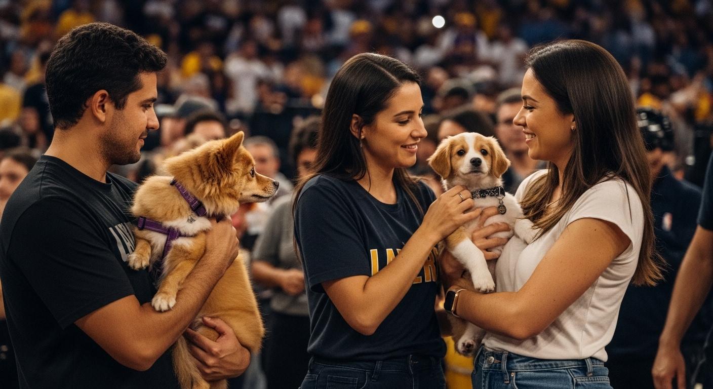 Dog watching Lakers game in a Brazilian living room