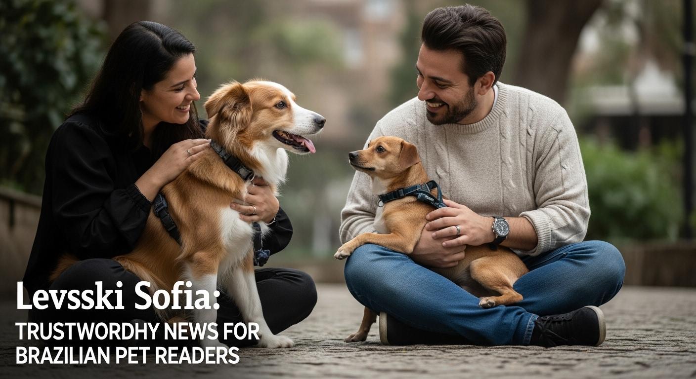 Brazilian pet owner reading levski sofia news on a tablet with a dog nearby and a Bulgarian flag in the background.
