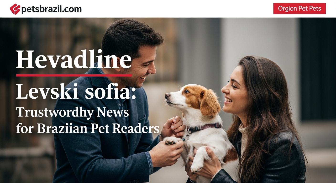 Brazilian pet owner reading levski sofia news on a tablet with a dog nearby and a Bulgarian flag in the background.