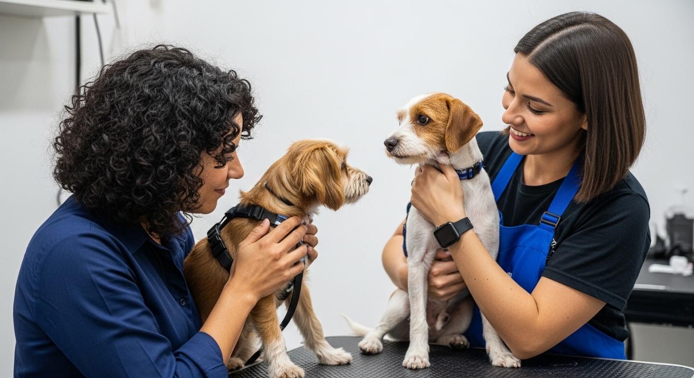 Curly-coated dog being groomed outdoors by a Brazilian family.