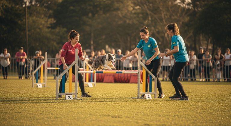 A Brazilian dog agility event in a sunny outdoor arena with a dog jumping a hurdle and handlers nearby.