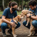 Volunteers at a Brazilian animal shelter care for dogs in kennels, emblematic of local rescue work.