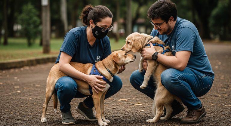 Volunteers at a Brazilian animal shelter care for dogs in kennels, emblematic of local rescue work.
