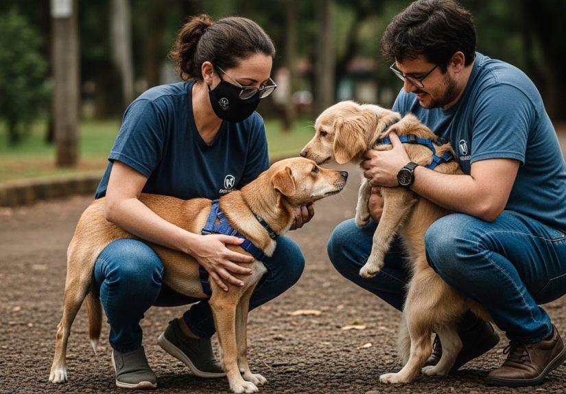 Volunteers at a Brazilian animal shelter care for dogs in kennels, emblematic of local rescue work.